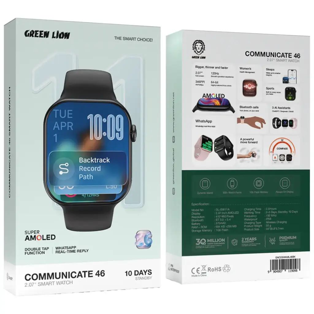 Green Lion Communicate 46 2.07" Smart Watch - Black