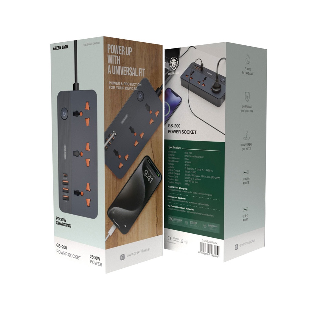 Green Lion GS-200 Power Socket 2500W - Black