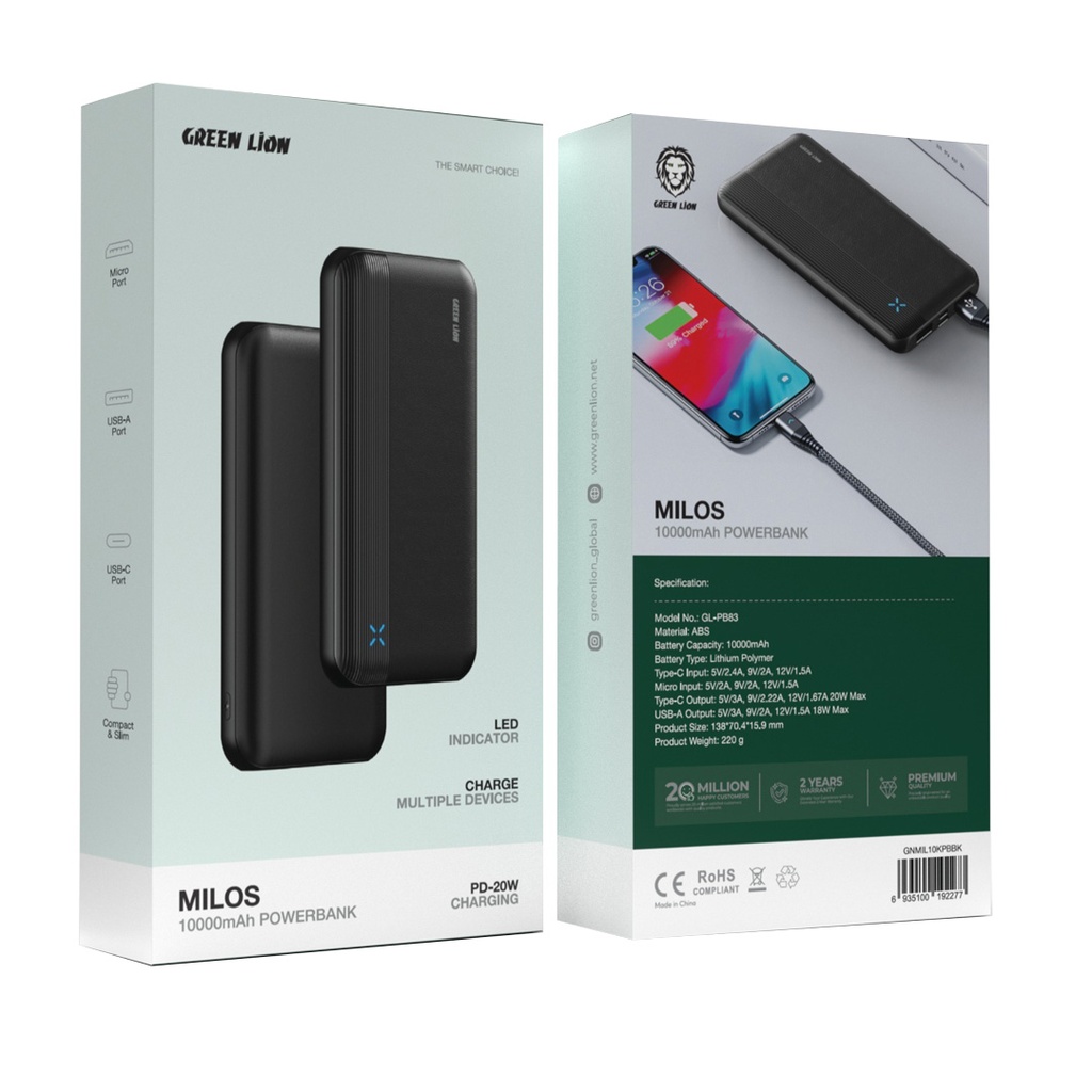 Green Lion Milos 10000mAh Powerbank - Black