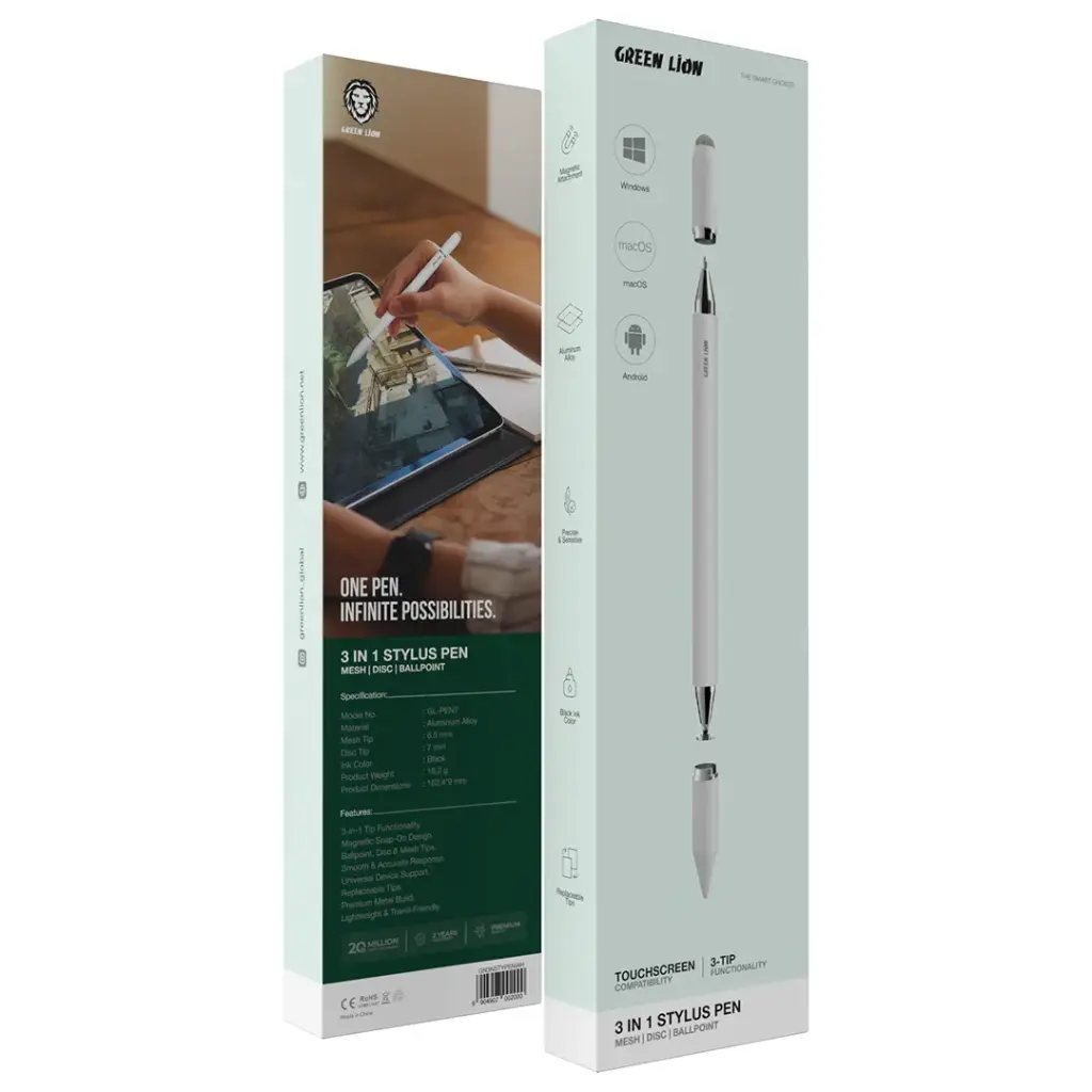 Green Lion 3-In-1 Stylus Pen - White